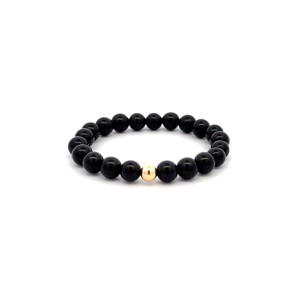 Natural Onyx 6mm Stretchable Bracelet 18k Gold Bead Charm